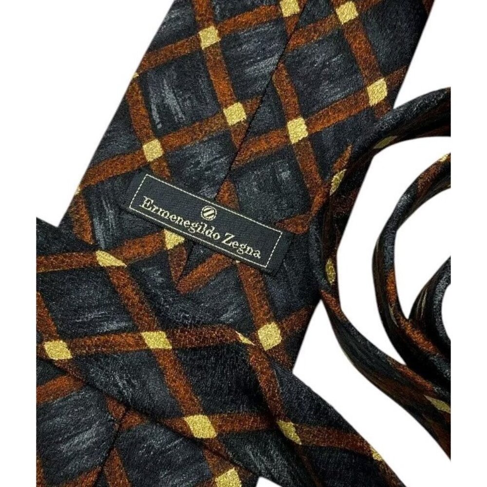 ERMENEGILDO ZEGNA Men's Silk Necktie LUXURY Gray Brown Geometric W:3.8" EUC - Picture 2 of 6